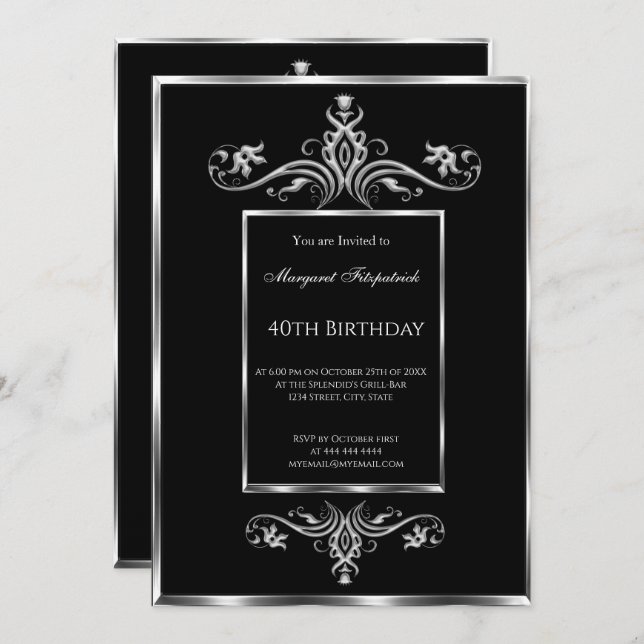 40th black silver birthday party  invitation (Front/Back)