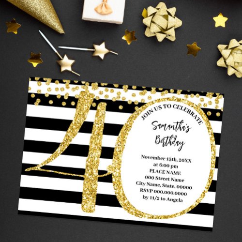 40th Black White and Gold Glitter Modern Birthday Invitation