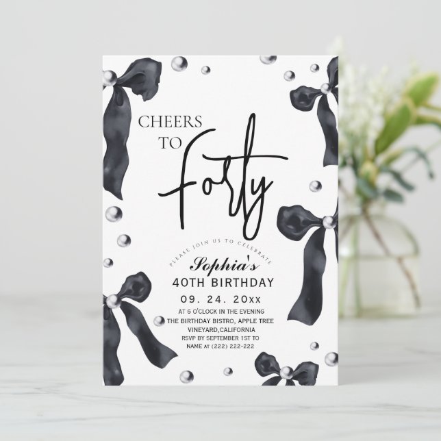40th Black White Bow Birthday Party Invitation (Standing Front)