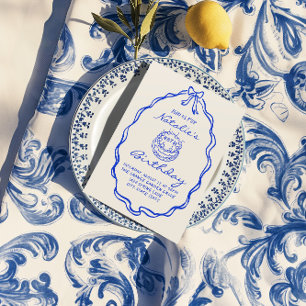 40th Blue Bow Hand Drawn Cake Birthday Party Invitation