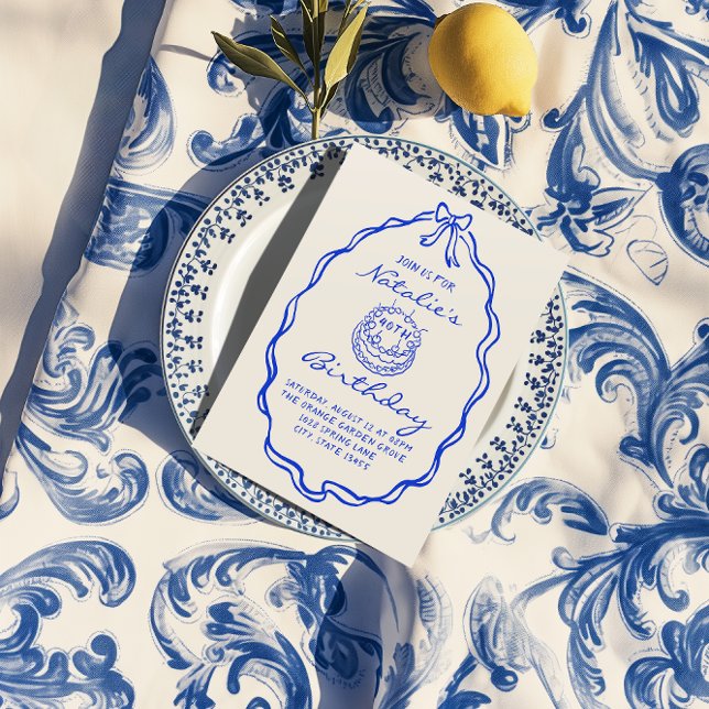 40th Blue Bow Hand Drawn Cake Birthday Party Invitation (Creator Uploaded)