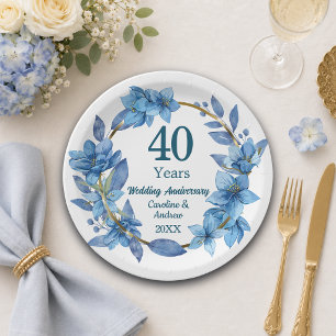 40th Blue Floral Ruby Wedding Anniversary Paper Plates