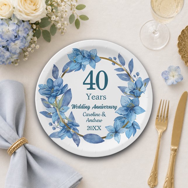 40th Blue Floral Ruby Wedding Anniversary  Paper Plates (Creator Uploaded)