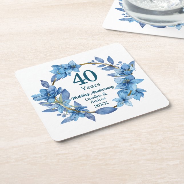 40th Blue Floral Ruby Wedding Anniversary  Square Paper Coaster (Angled)