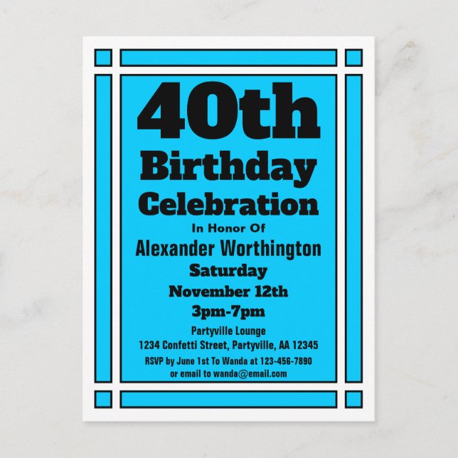 40th Bright Blue Birthday Invitation Postcard (Front)