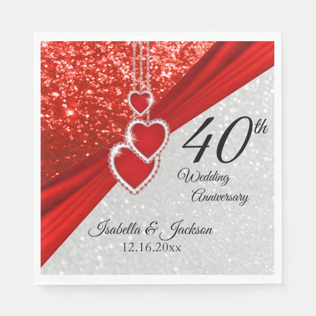 40th Bright Red and Glitter Anniversary / Wedding  Napkins (Front)