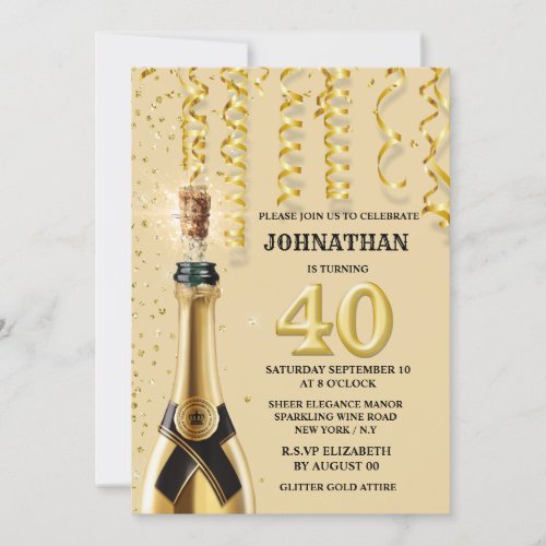 40th champagne popping gold streamers sparkle invitation