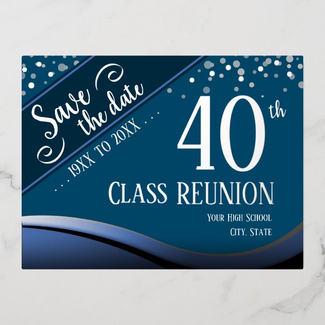 40th Class Reunion Elegant blue Foil Holiday Postcard (Front)