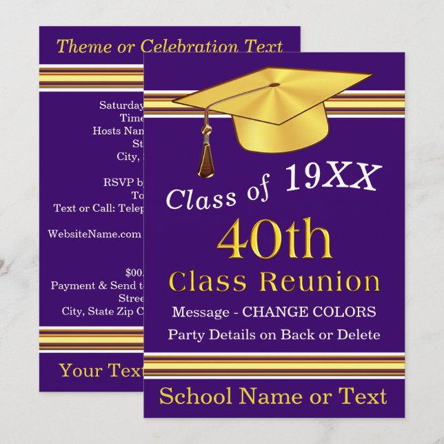 40th Class Reunion Invitations, Purple, ANY COLORS Invitation (Front/Back)