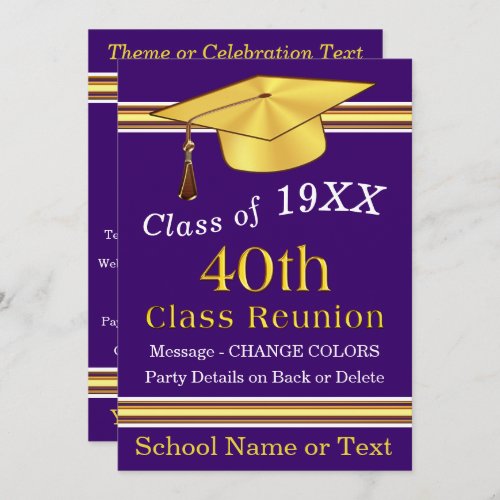 40th Class Reunion Invitations Purple ANY COLORS Invitation