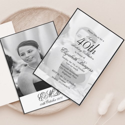 40th Classy Elegant Photo  Monogram Birthday Invitation