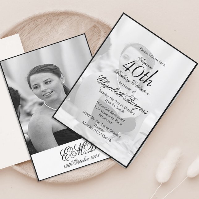 40th Classy Elegant Photo  Monogram Birthday Invitation (Creator Uploaded)