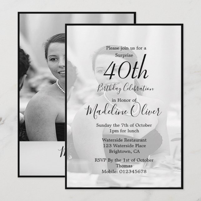 40th Classy Monogram Black White Photo Birthday Invitation (Front/Back)