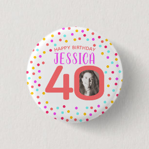 40th custom photo colorful coral confetti birthday button
