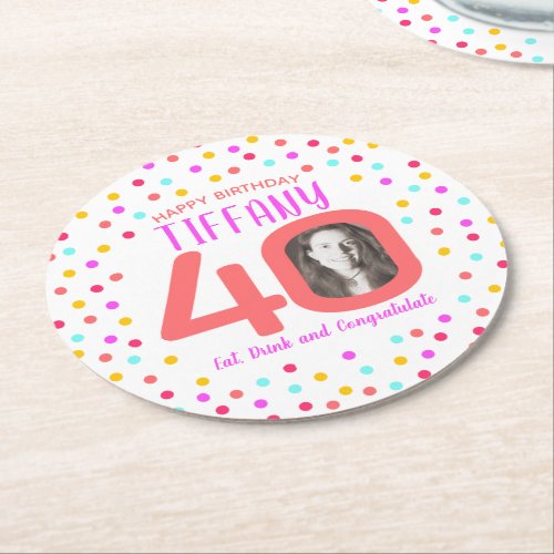 40th custom photo colorful coral confetti birthday round paper coaster