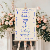 40th Drawn Blue Bow Champagne Birthday Welcome