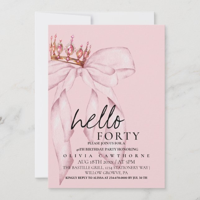 40th Dusty Rose Bow Surprise Birthday Party   Invitation (Front)