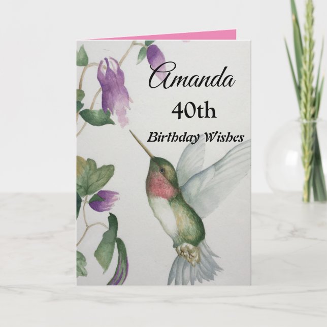 40th Elegant Birthday Hummingbird Watercolor Card (Front)