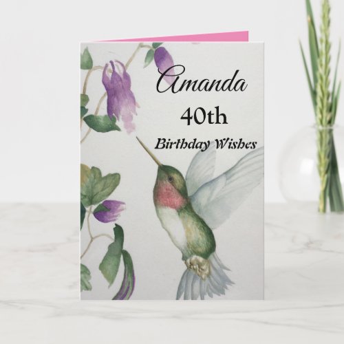 40th Elegant Birthday Hummingbird Watercolor Card