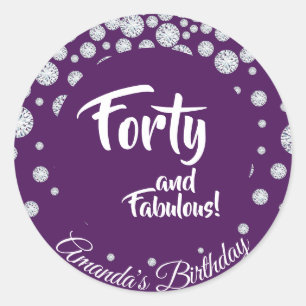 40th fabulous birthday party diamonds on purple classic round sticker