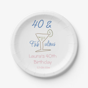 40th & fabulous blue birthday name date martini g paper plates