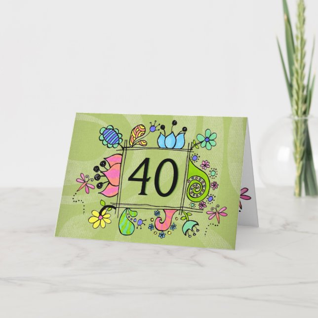 40th Folk Art Frame Number Age Birthday Card (Front)