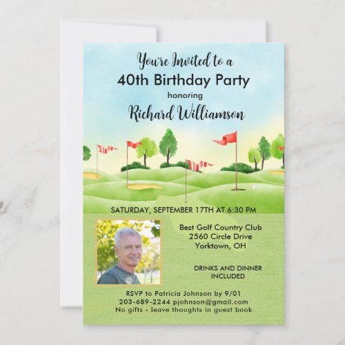 40th Fortieth Mens Birthday Party Photo Golf  Invitation