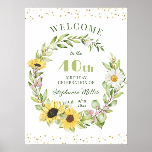 40th Forty Birthday Party Sunflower Floral Welcome Poster