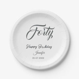40th forty letterbirthday add name date year gray paper plates