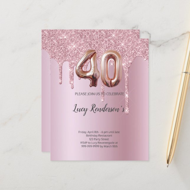 40th glitter gold rose balloon Birthday card  (Front/Back In Situ)
