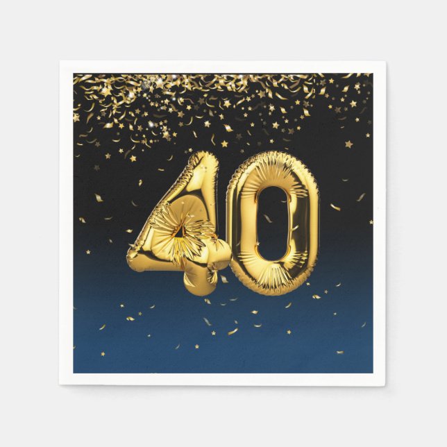 40th Gold Balloons and Confetti Napkins (Front)