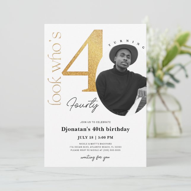 40th Gold Birthday Invitation with Photo (Standing Front)