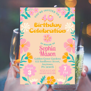 40th Groovy Retro 70s Boho Flora Birthday Invitation