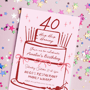 40th Hand Drawn Contemporary Funky Cake Pink Bow Invitation