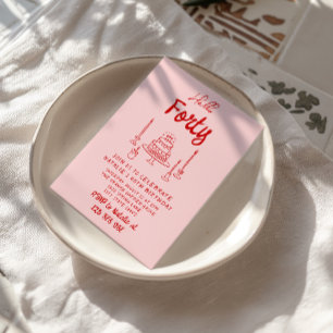 40th Hand Drawn Pink Red Cake Hello Forty Birthday Invitation