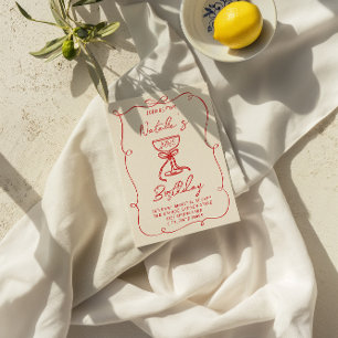 40th Hand Drawn Red Bow Champagne Glass Birthday Invitation