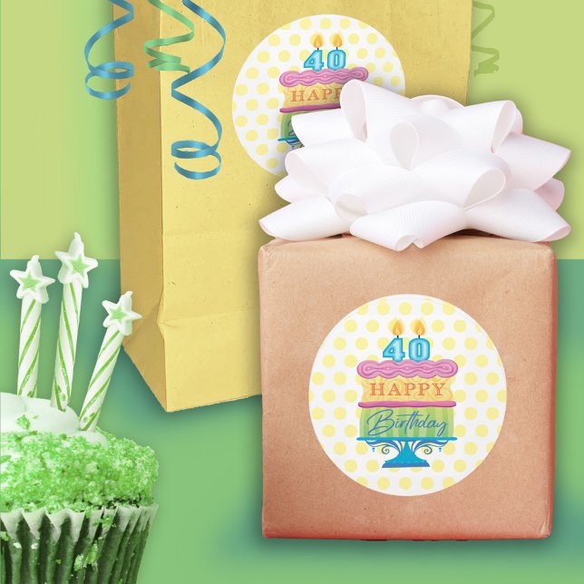 40th Happy Birthday Cake Yellow Dots Classic Round Sticker (Creator Uploaded)