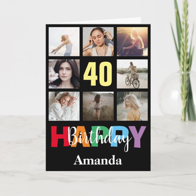 40th Happy Birthday Photo Collage Modern Black Card (Front)