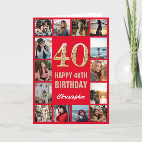 40th Happy Birthday Red and Gold Photo Collage Card