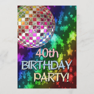40th invitation with disco ball and rainbow stars