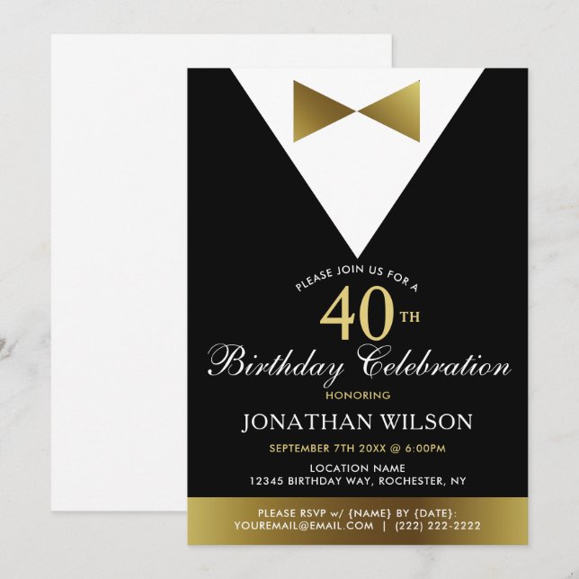 40th Invitations, Black Gold Tuxedo Birthday Party Invitation (Front/Back)