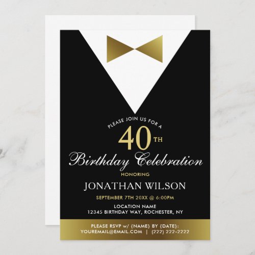 40th Invitations Black Gold Tuxedo Birthday Party Invitation