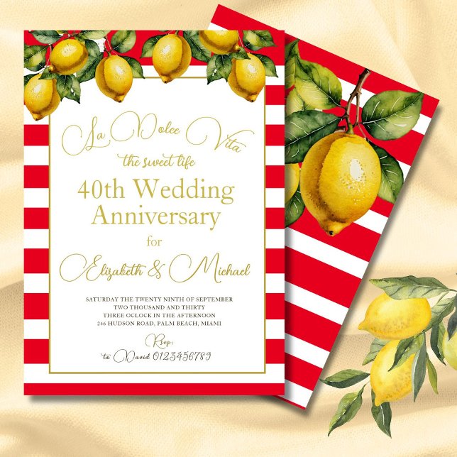 40th Italian Lemon Red White Wedding Anniversary Invitation (Creator Uploaded)