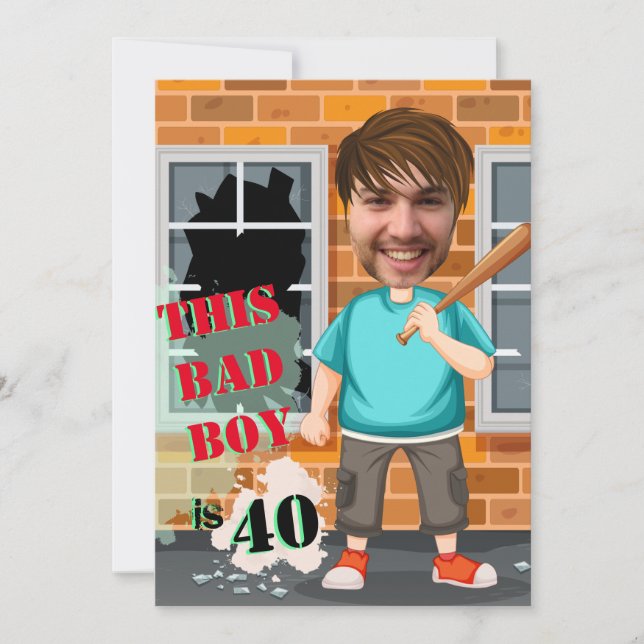 40th Men's Birthday Bad Boy Funny Face Cut-out Invitation (Front)