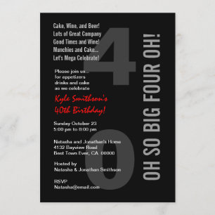 40th Modern Birthday Black White Red FOUR OH! Invitation