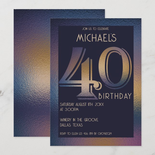40th modern dark purple and gold birthday invitation (Front/Back)