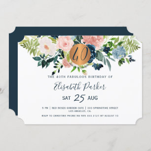 40th Modern floral navy watercolor birthday party Invitation