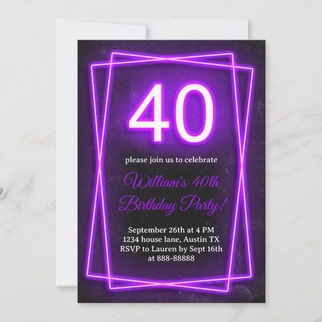 40th Neon Lights Retro Black Forty Birthday Invitation (Front)