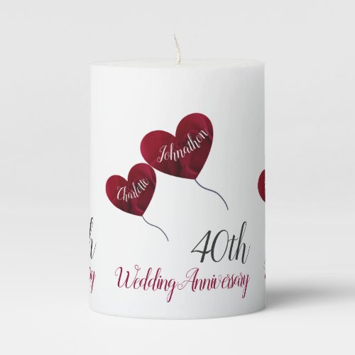 40th or any ruby wedding anniversary gift pillar candle