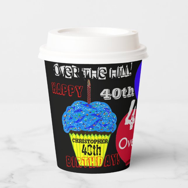 40th Over the Hill Blue Cupcake Balloons Paper Cups (Front)